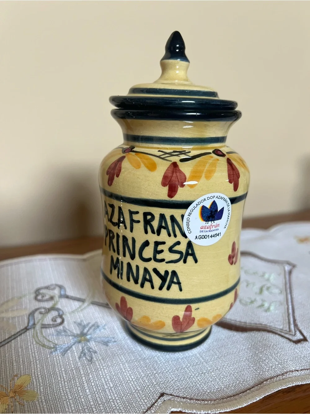 Princesa de Minaya Saffron Jar with Lid Ceramic Hand-Painted Yellow Blue - EMPTY